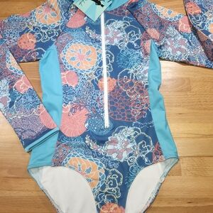 Nwt Girls Size 10 Floral King Of Redonda Kidslong Sleeved Rashguard Swimsuit